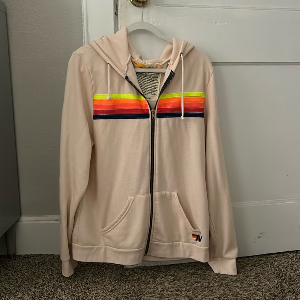 Aviator Nation 5 Stripe Zip Hoodie In Almond Neon Rainbow